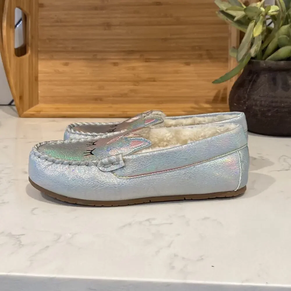 Lands' End Sleeping Unicorn Iridescent Girls Moccasin Slippers size 4 whimsical